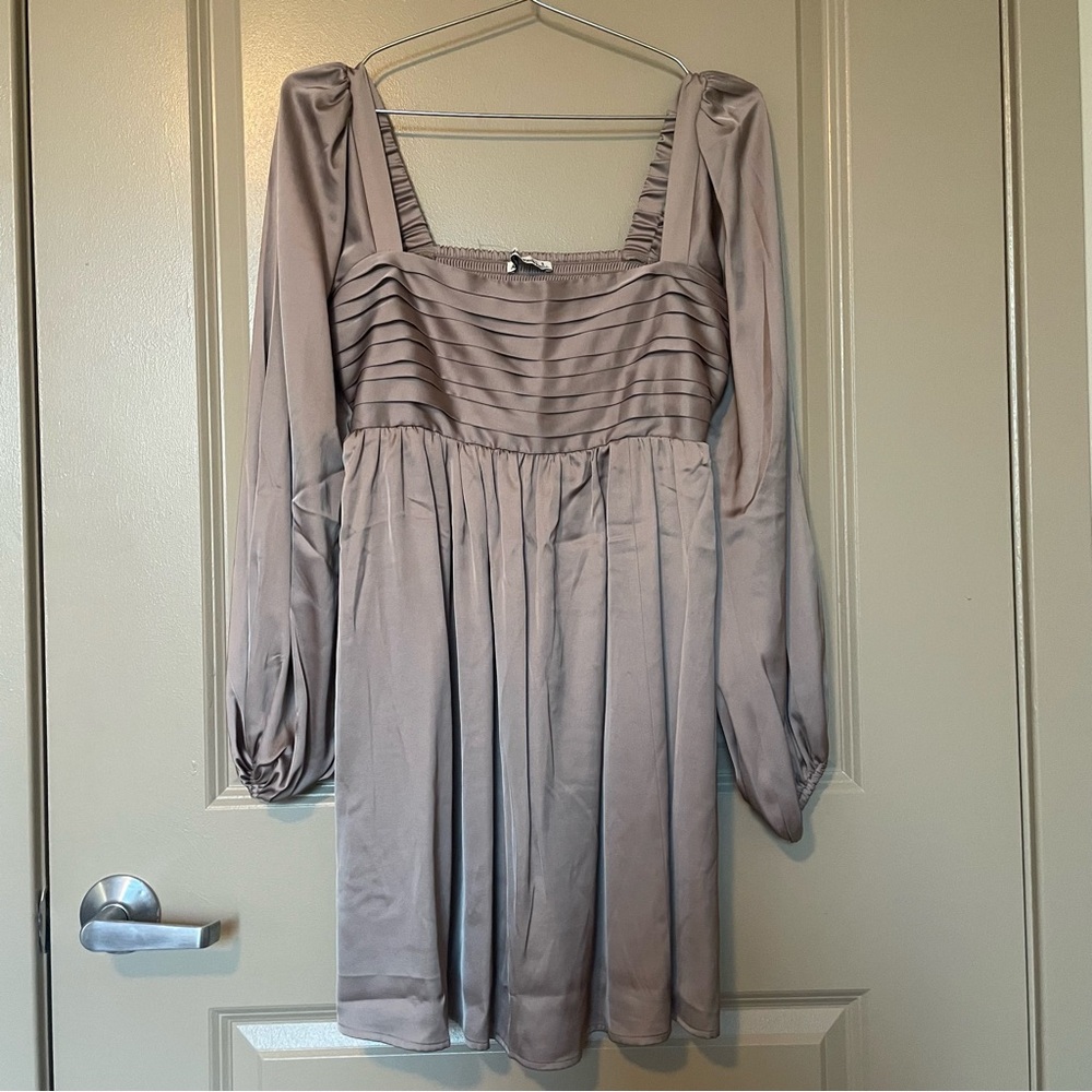 Abercrombie & Fitch Emerson Satin Long Sleeve Mini Dress in Taupe
